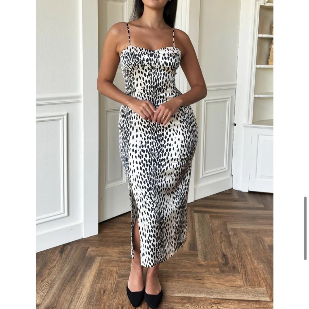 EMERSON FRY FITTED BODICE DRESS BUTTERCREAM LEOPARD SATIN SIZE 6